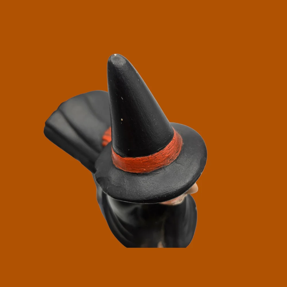VTG Ceramic Scary Witch Flying on Broomstick Halloween Decor 1970's Granny Core